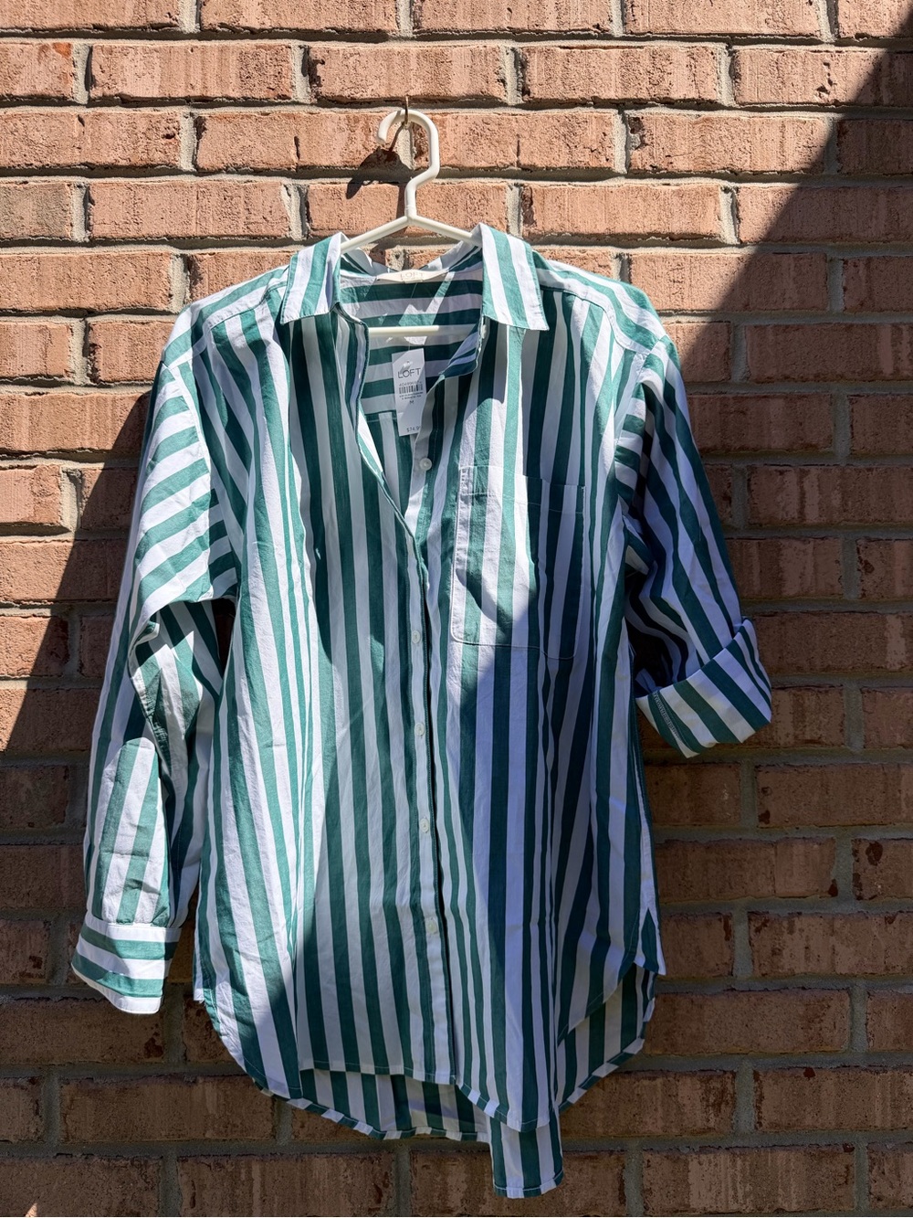 Green and White Vertical Stripe Women’s Oversize Button-Up Shirt